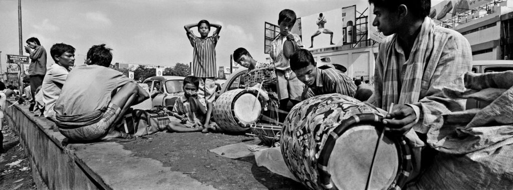 Drumers preparing for festival, Kolkata 1990