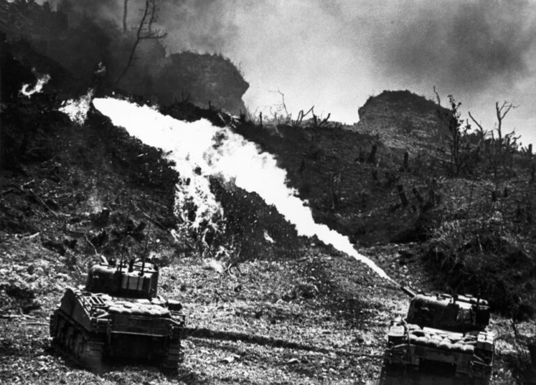 WORLD WAR II. The Pacific Campaign. April 1945. The Battle of Okinawa (Japanese island). US flame throwers used to dislodge the Japanese from their bunkers. Photo by W. Eugene Smith