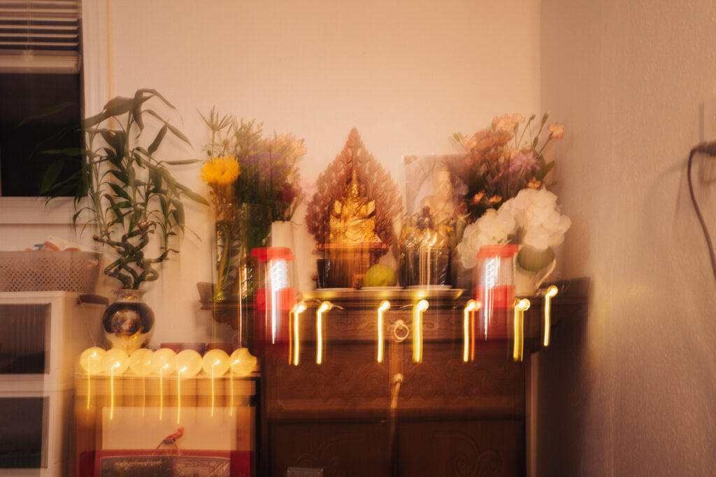 02 - I traveled back to West Oakland to document the Buddha altar inside Granny’s bedroom. She explained that she wanted it in the living room, but because the living room is directly connected to the kitchen, she decided to place the offering space inside her bedroom instead.