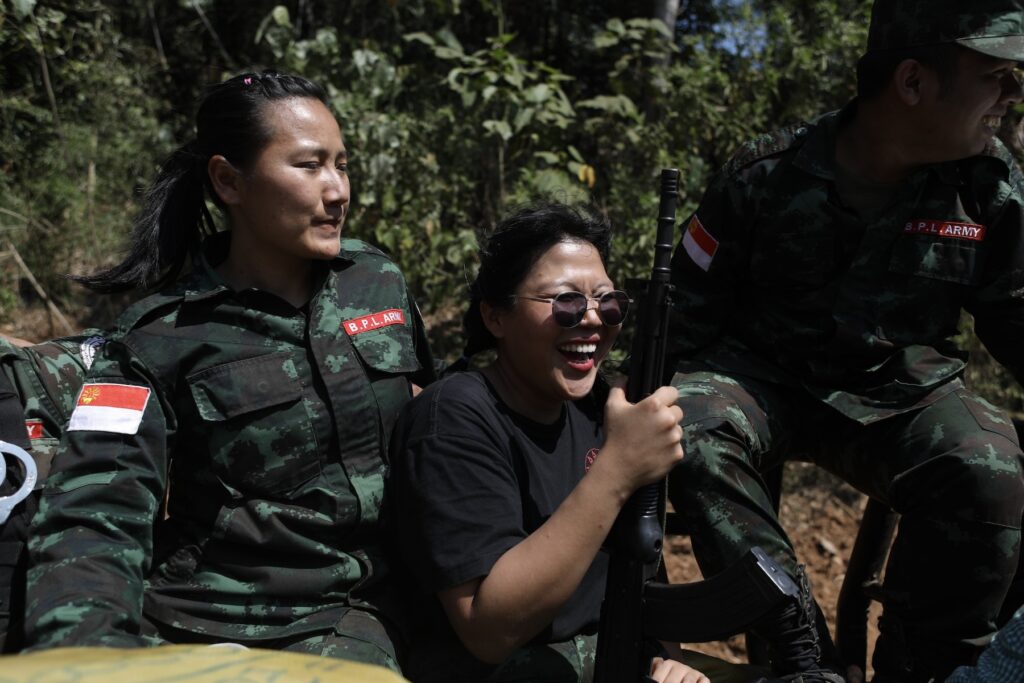 Members of Bamar People’s Liberation Army (BPLA) are seen on a vehicle in a territory of The Karen National Union (KNU), Karen State, Myanmar, February 19, 2024.  Founded in 2021 by urban activists following the military coup, the BPLA is one of the prominent armed groups representing the Bamar ethnic majority, fighting in alliance with ethnic minority groups to overthrow the military junta.