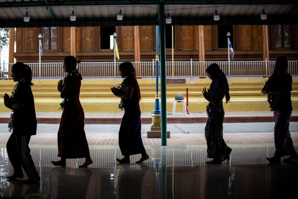 Myanmar Migrant women practice for a new year ceremony at Wat Pakbo in Mahachai Samut Sakhon, Thailand, January 14, 2024.