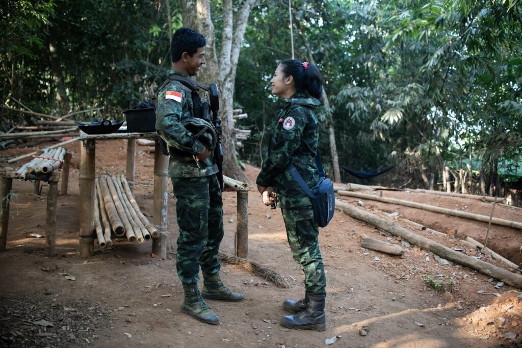 A couple from BPLA says farewell before going to a frontline in Karen State, Myanmar, on March 12, 2024.