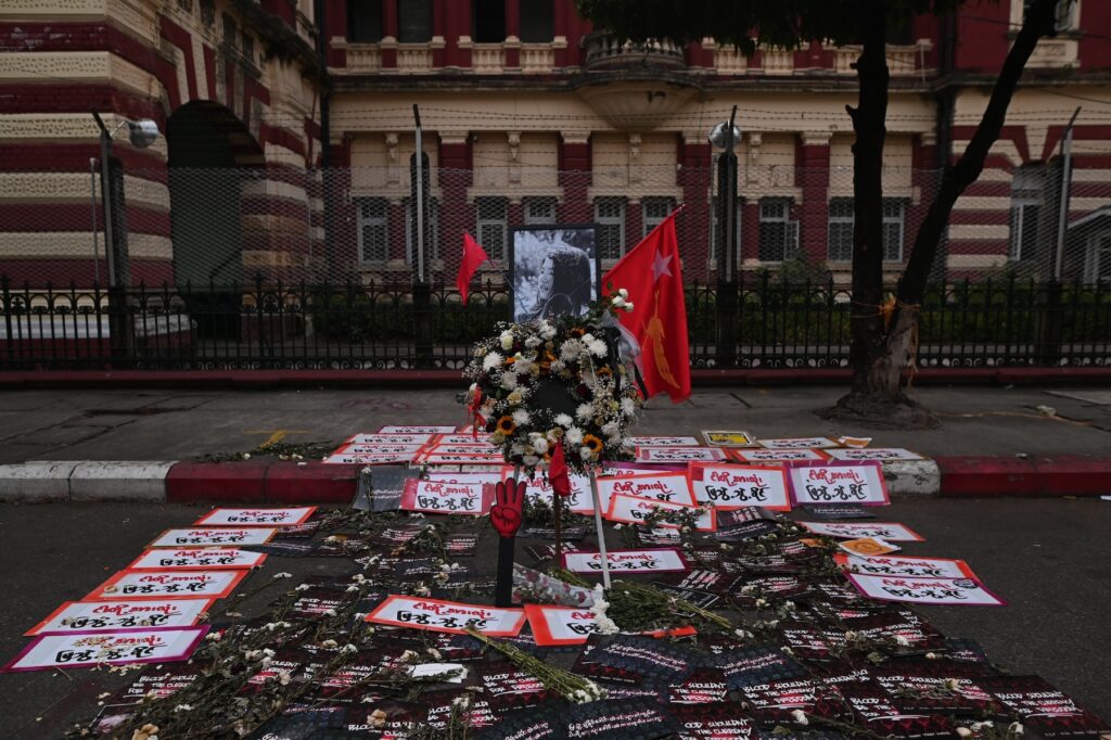 A memorial for Mya Thwe Thwe Khine who was shot dead by police in Naypyitaw is seen in Yangon, Myanmar on February 19, 2021.